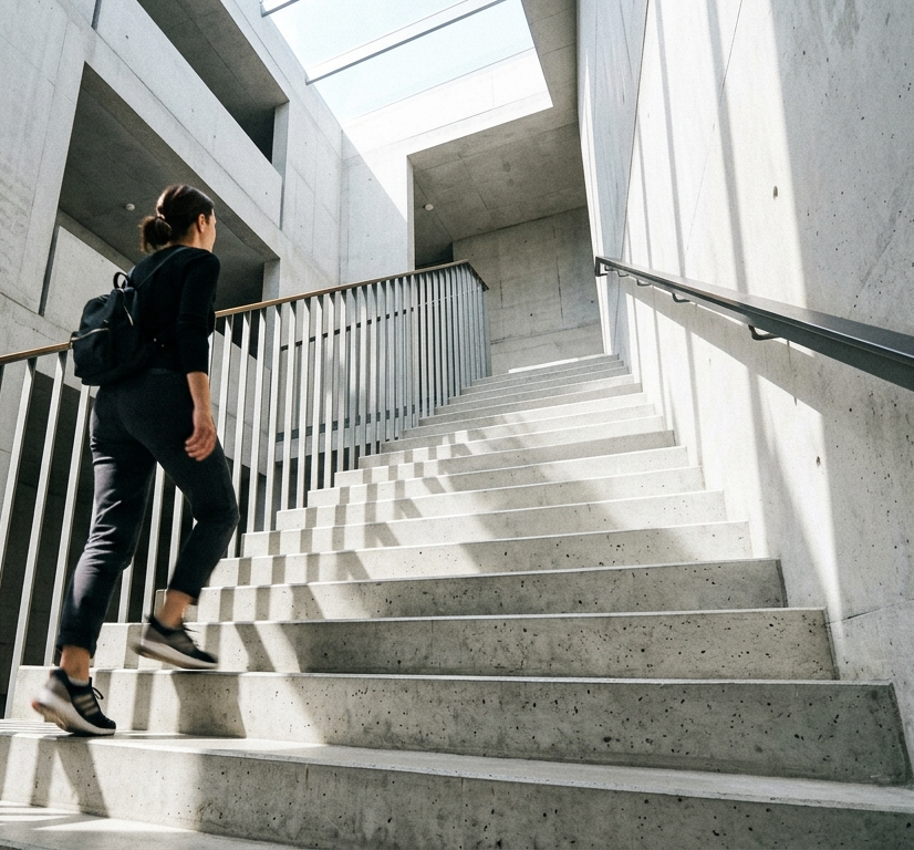 Person telefoniert und geht dabei eine Treppe hinauf in einem modernen Gebäude
